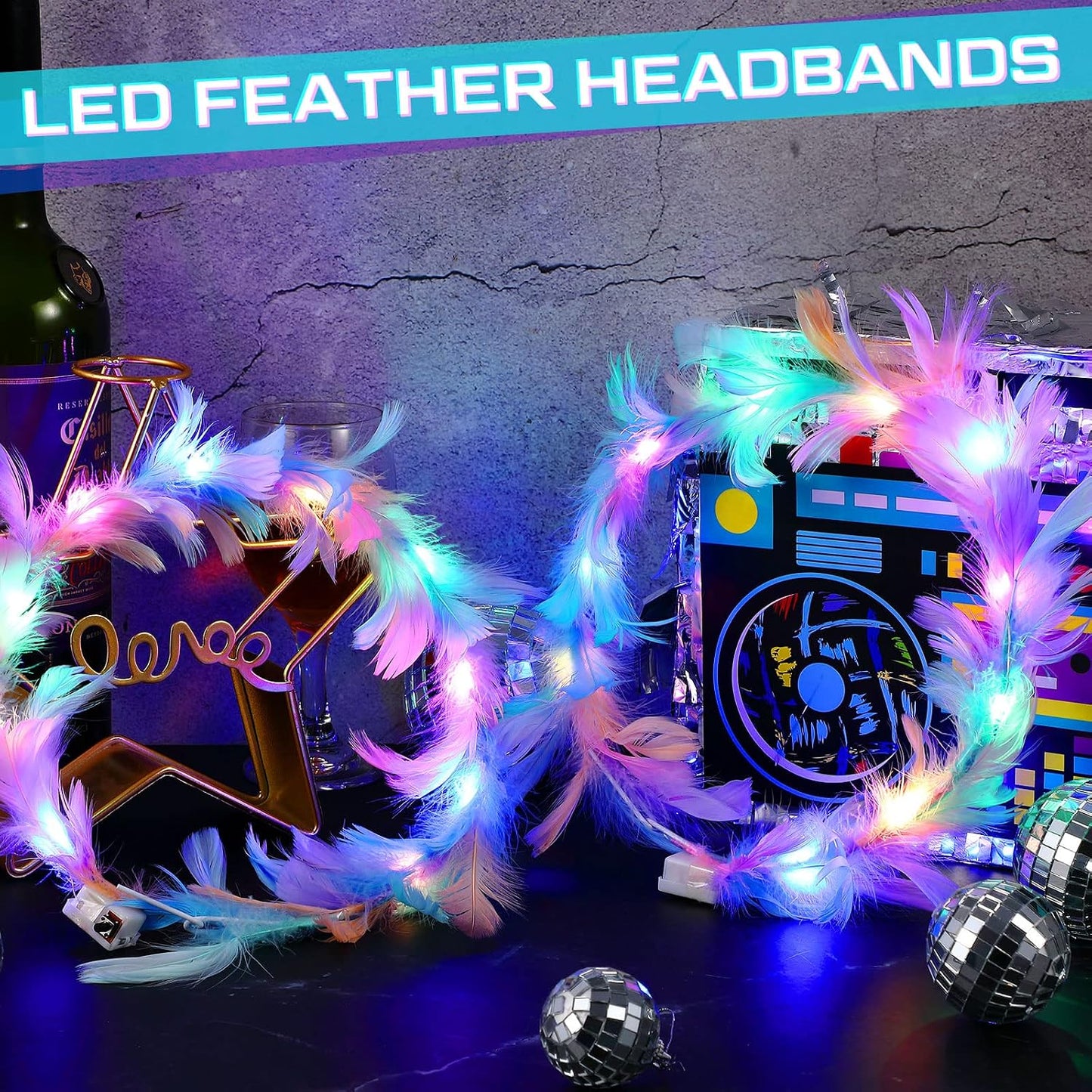 Taiyin - 100 diademas de corona de plumas LED para boda, color maca...