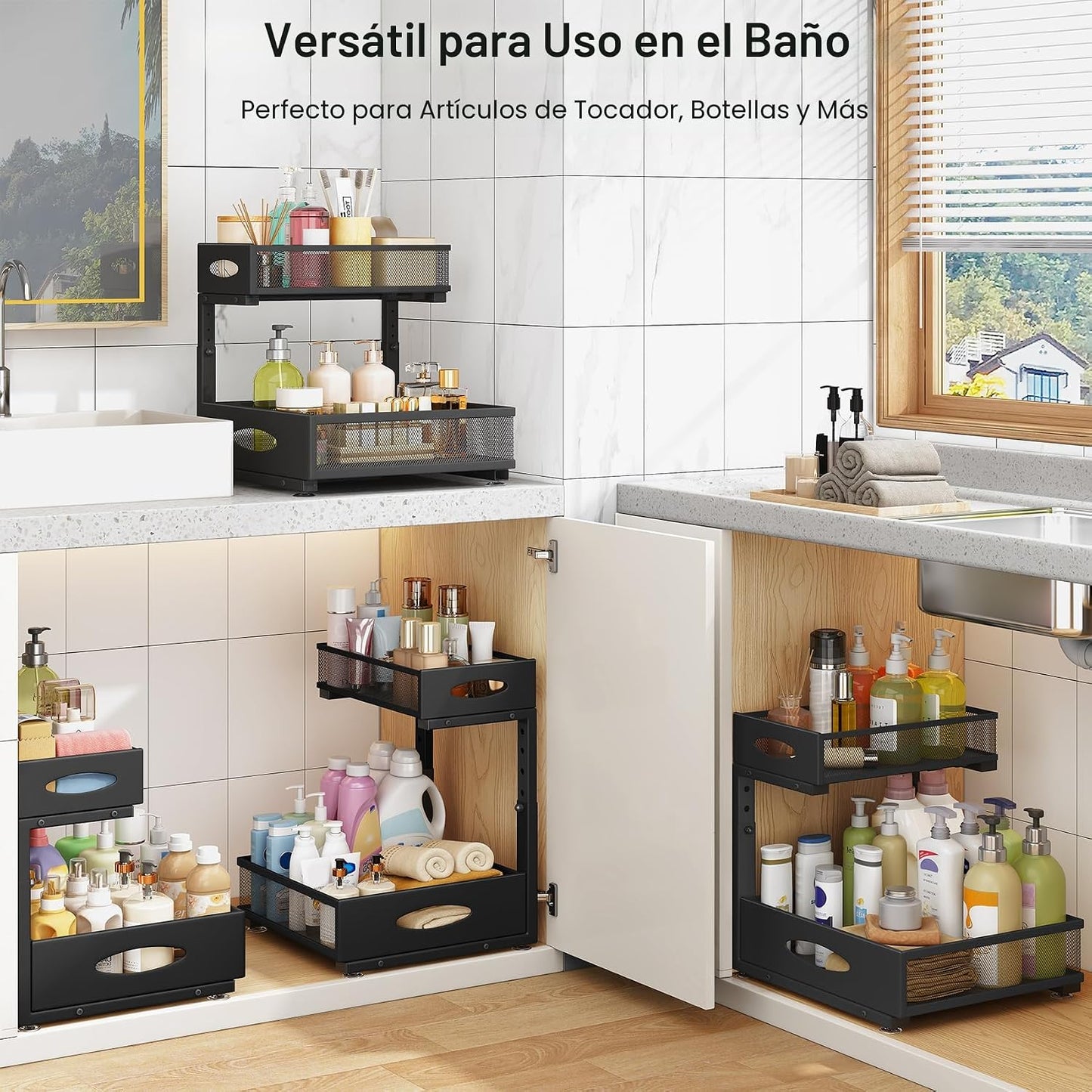 Organizador para debajo del fregadero, paquete de 2 estantes organi...