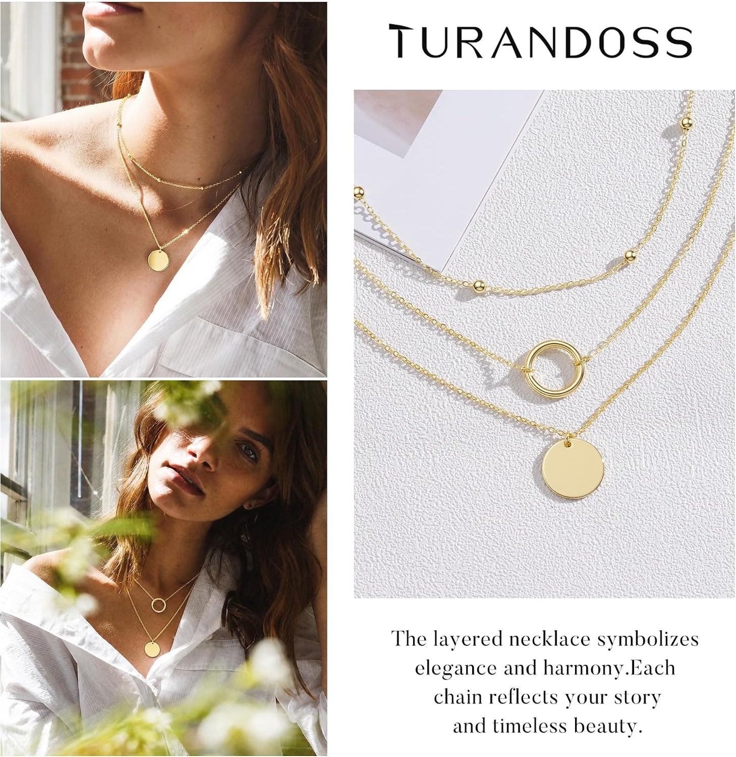 Turandoss Collares en capas para mujer, chapados en oro de 14 quila...