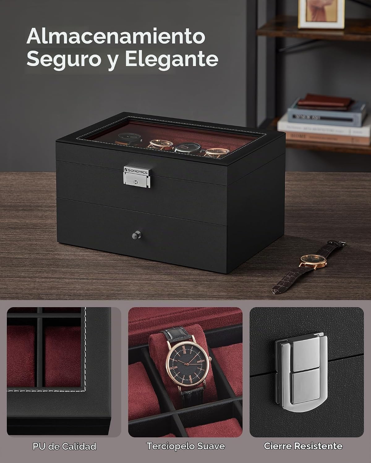 SONGMICS - Caja de reloj con 20 ranuras, 2 capas, tapa de cristal,...