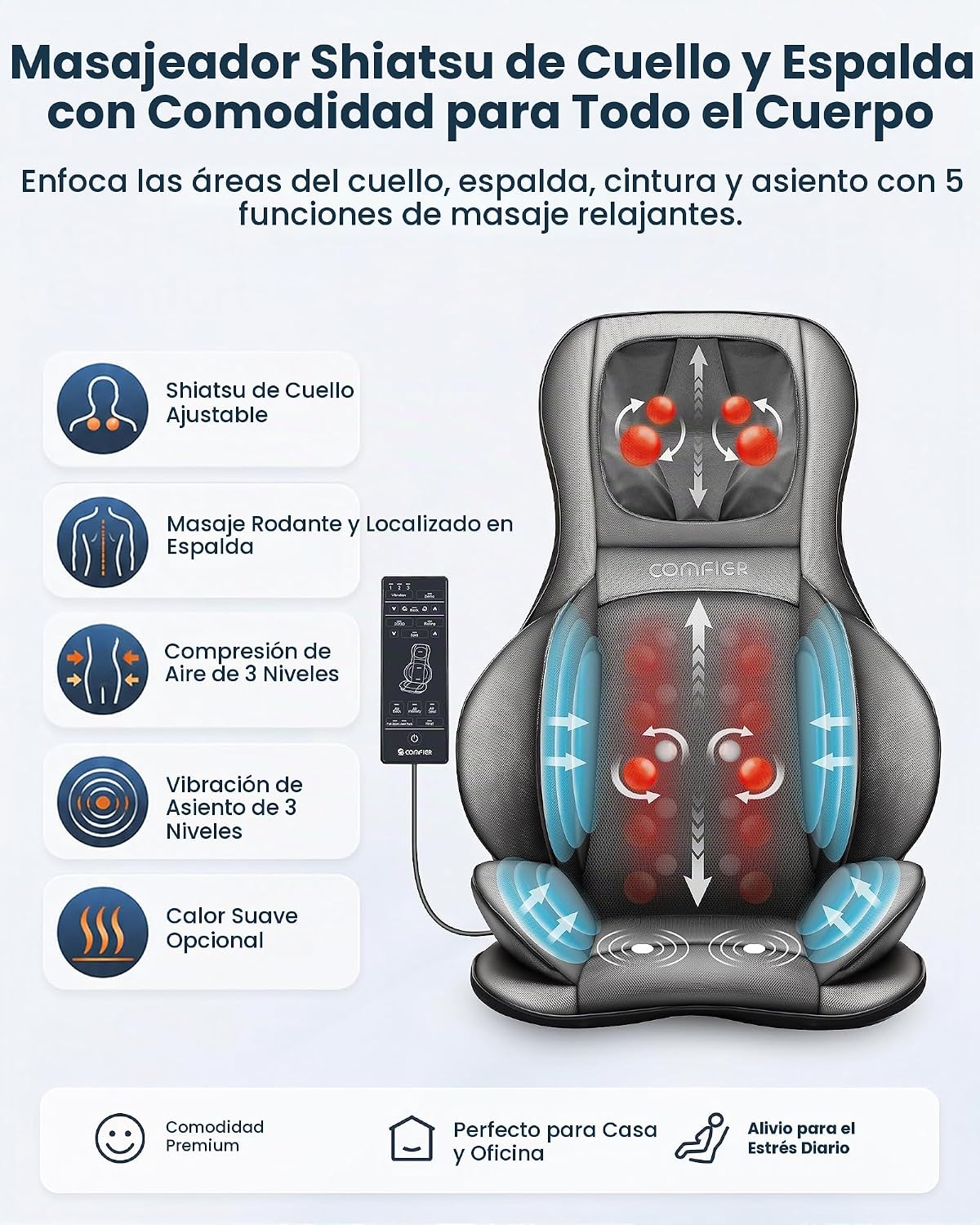 COMFIER Shiatsu Masajeador de cuello y espalda con calor, nodos aju...