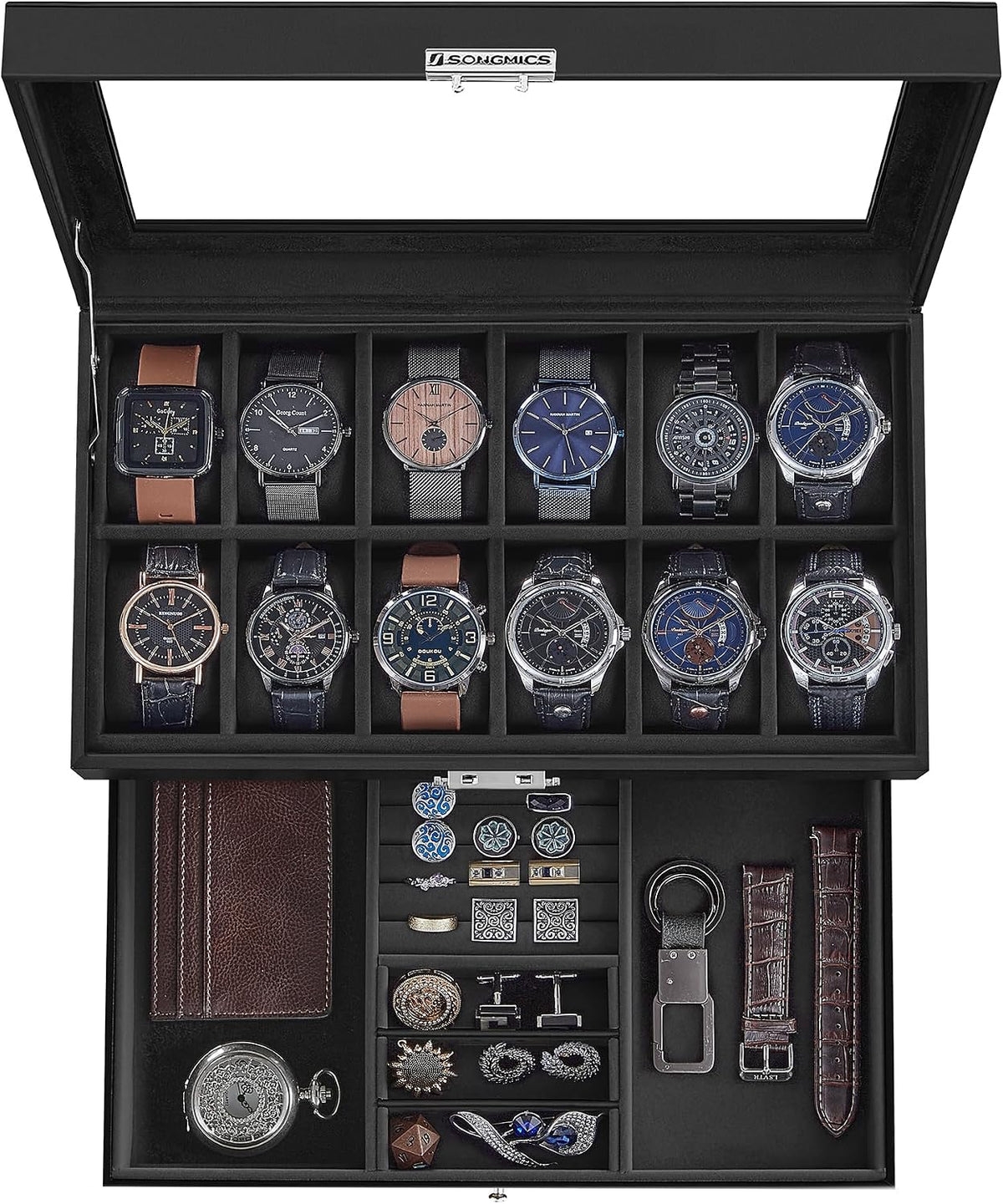 SONGMICS UJWB012B03 - Caja de reloj de 12 ranuras, caja de reloj co...