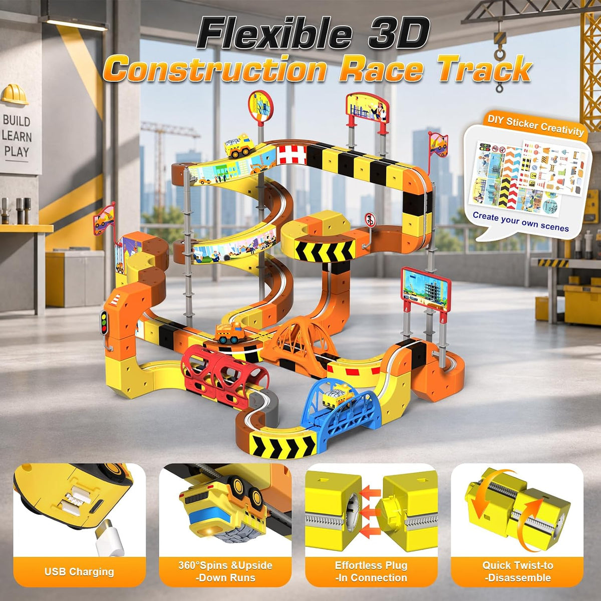 Juego de tren eléctrico de construcción, 112 piezas de pistas 3D qu...