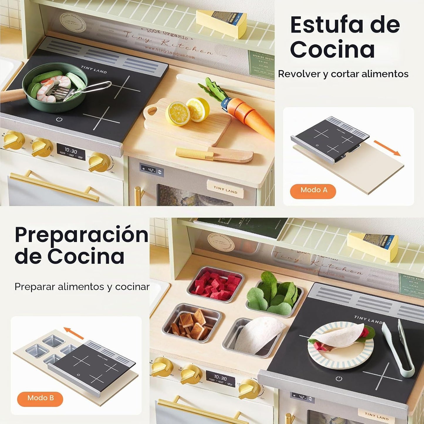 Tiny Land BistroSwitch - Juego de cocina de madera 2 en 1 con pizar...