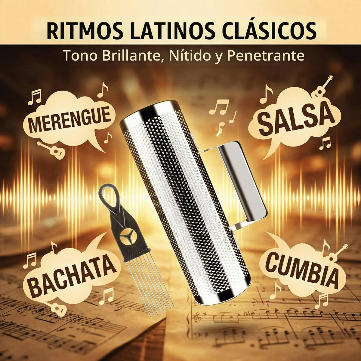 Guiro profesional de acero inoxidable, instrumento de percusión lat...
