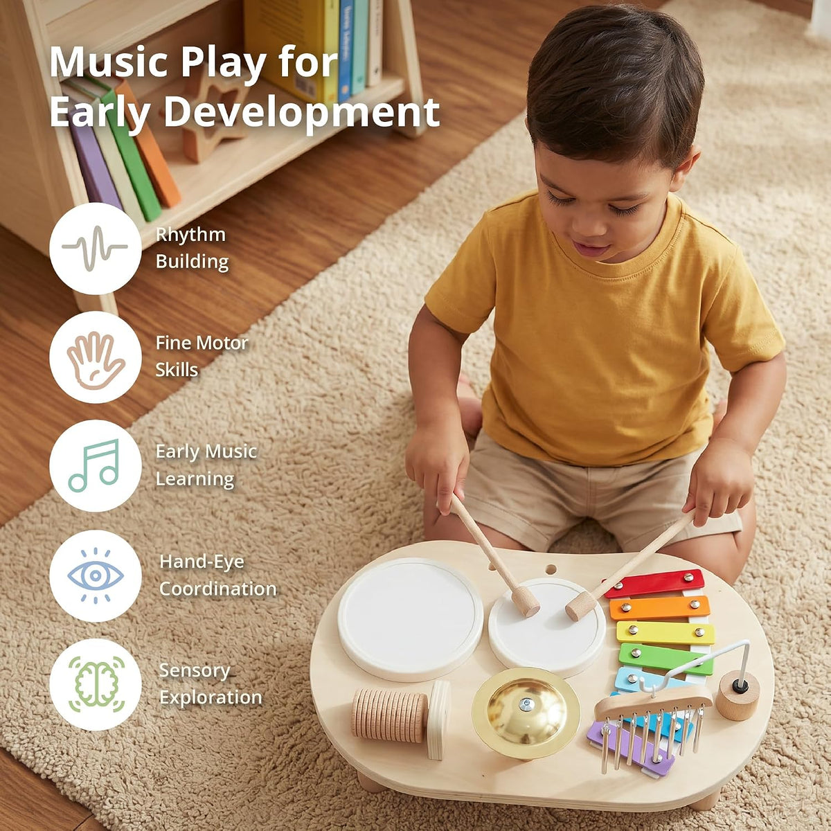 Promise Babe Juego de batería de madera para niños pequeños de 1 a...