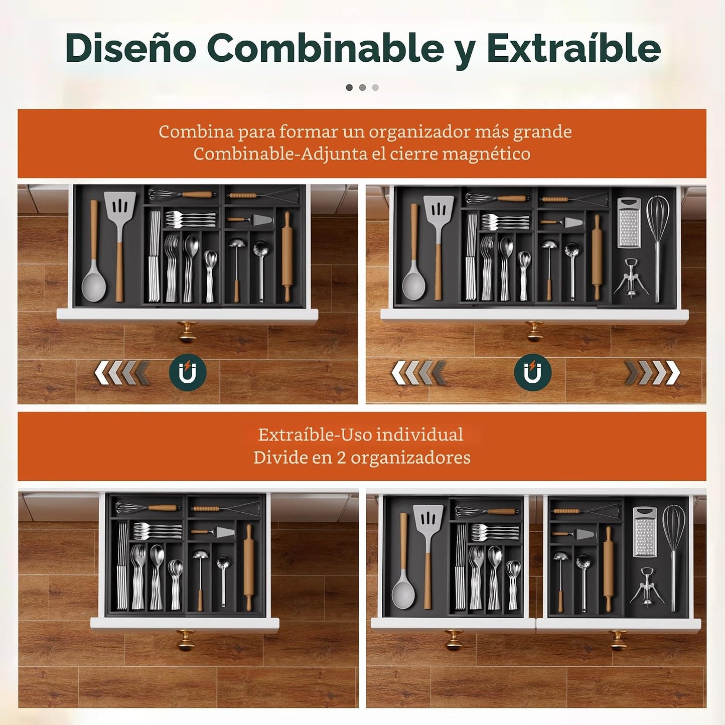 Organizador de cubiertos grande, magnético, expandible, con 13 ranu...