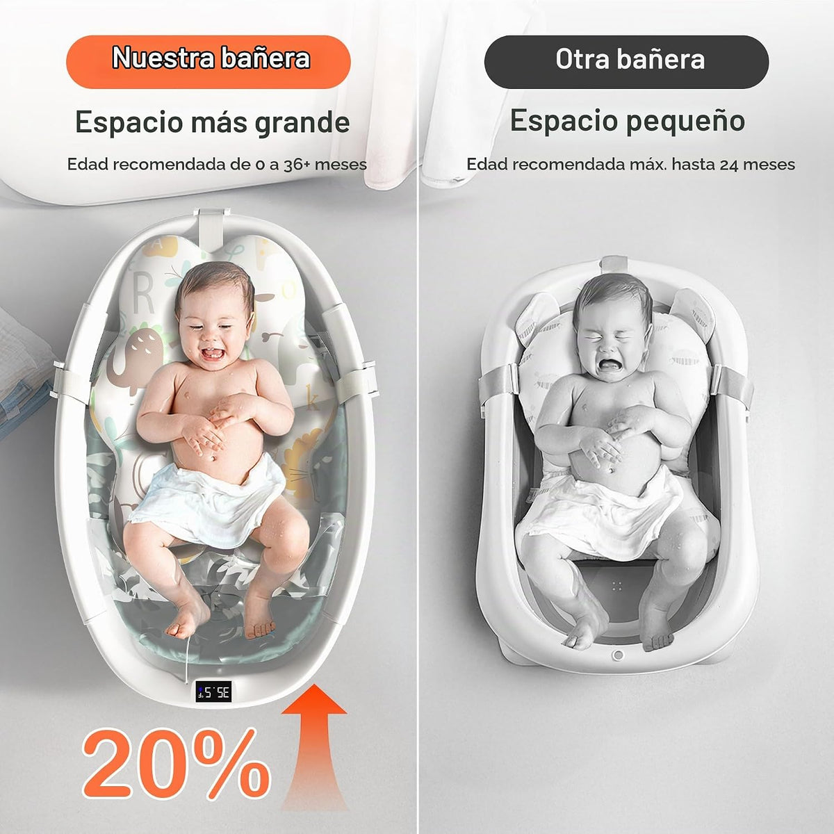 Bañera plegable para bebé, bañera grande para bebé con termómetro y...