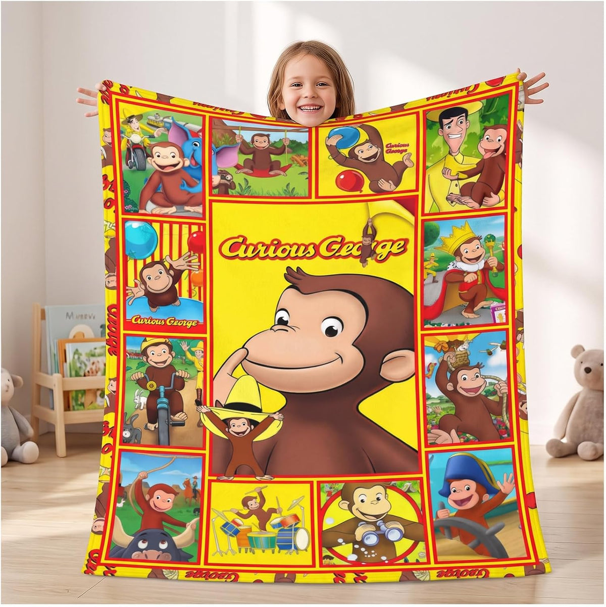 Rainbow glass Curious Monkey George Kids - Manta amarilla para niño...