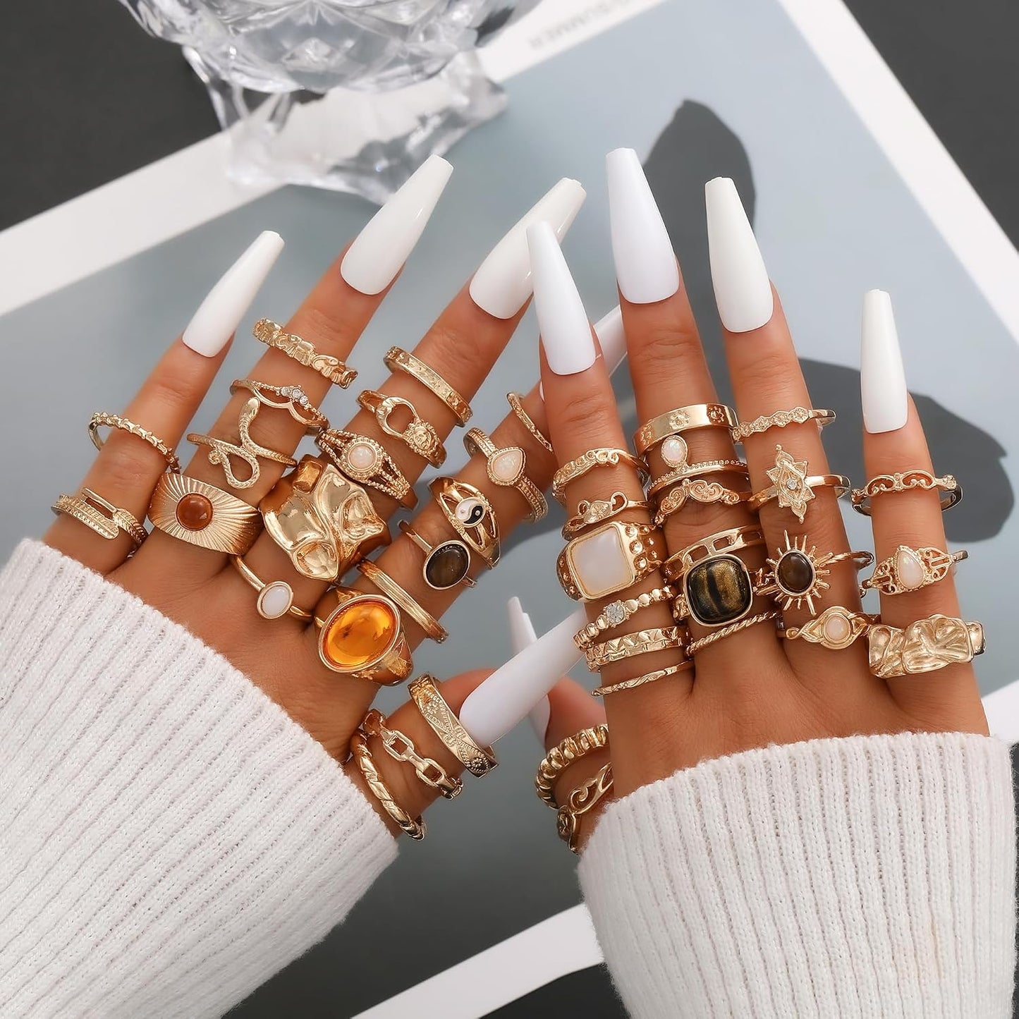 YEEZII Juego de 68 anillos para nudillos, dorados, para mujeres, ap...