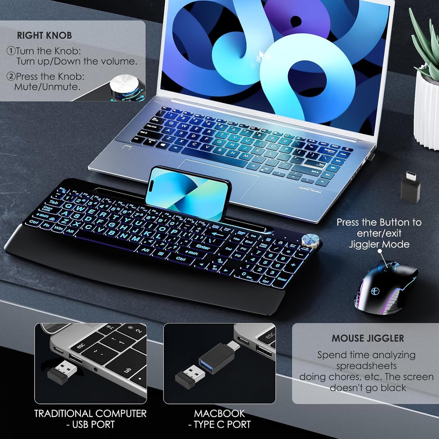 Combo de teclado y mouse inalámbricos de tamaño completo 2.4G, reca...