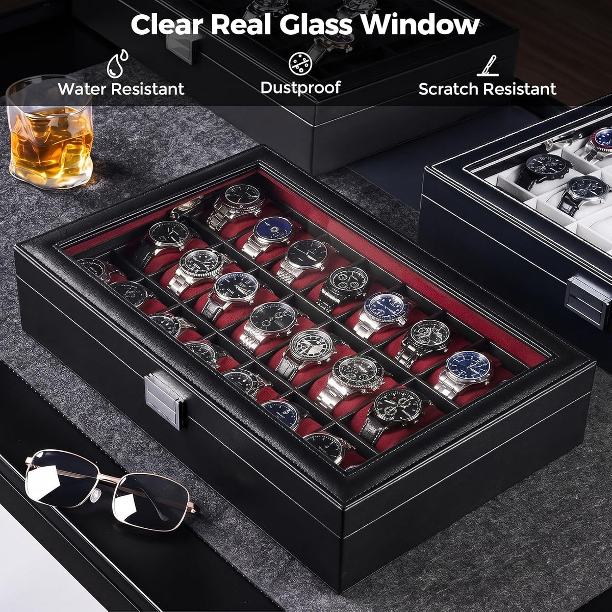 ProCase Caja de reloj para hombre, vitrina de 24 ranuras con tapa d...