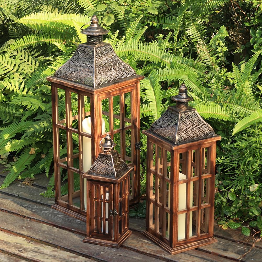 DECORKEY Juego de 3 Faroles Grandes de Madera y Metal Estilo Granja...
