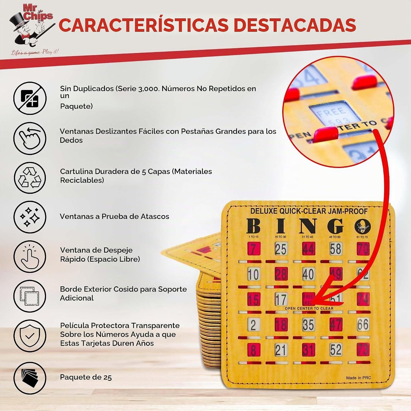 MR CHIPS Tarjetas de bingo de lujo a prueba de atascos y transparen...