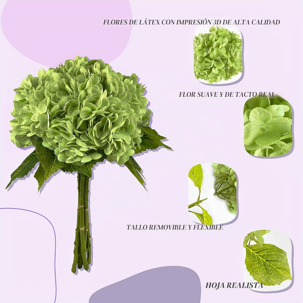 Yatim Hortensias artificiales verdes de 21 pulgadas con tallos, 5 u...