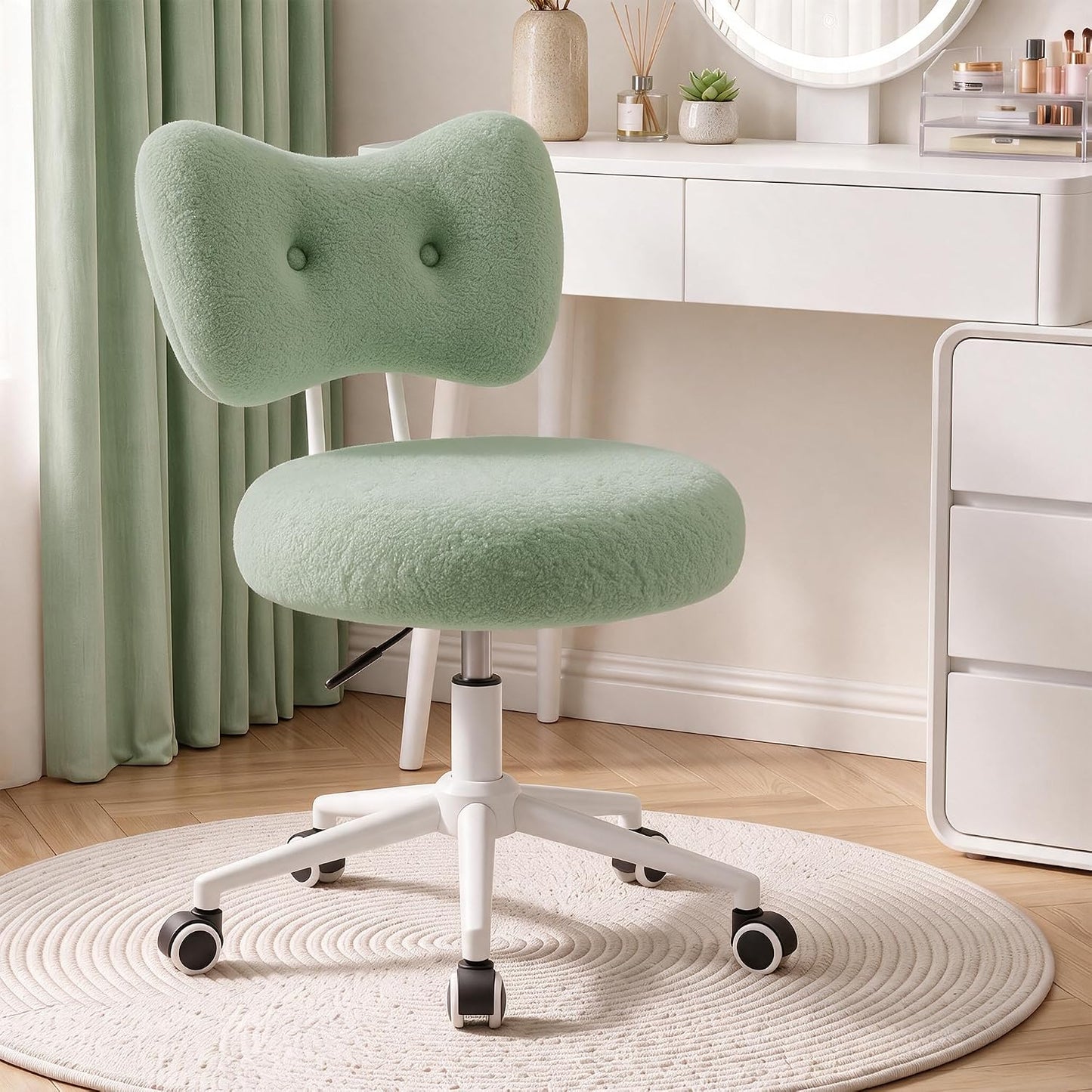 Silla de tocador pequeña con ruedas, cómoda silla de escritorio con...