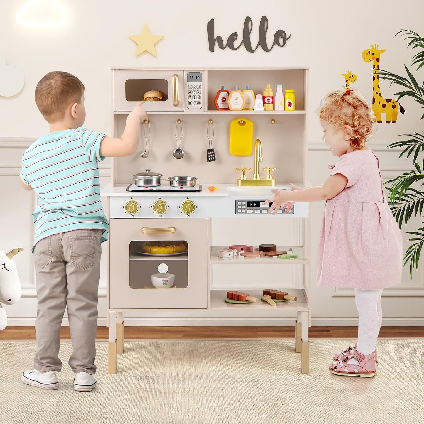 HONEY JOY Juego de cocina para niños, cocina de madera para niños p...