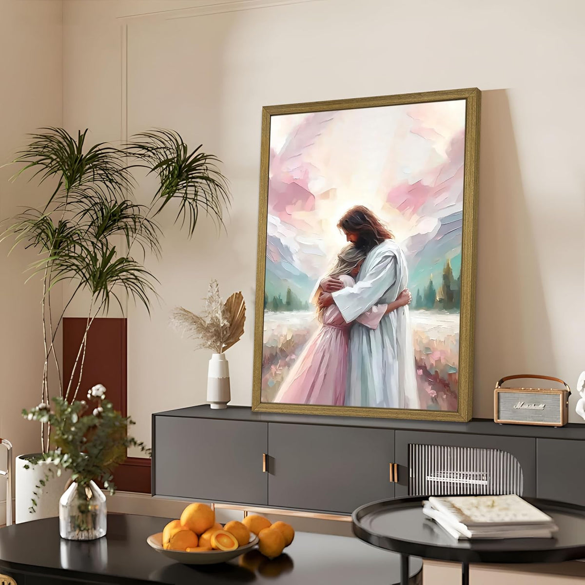 Arte de pared de Jesús rosa, lienzo cristiano para decoración de pa...