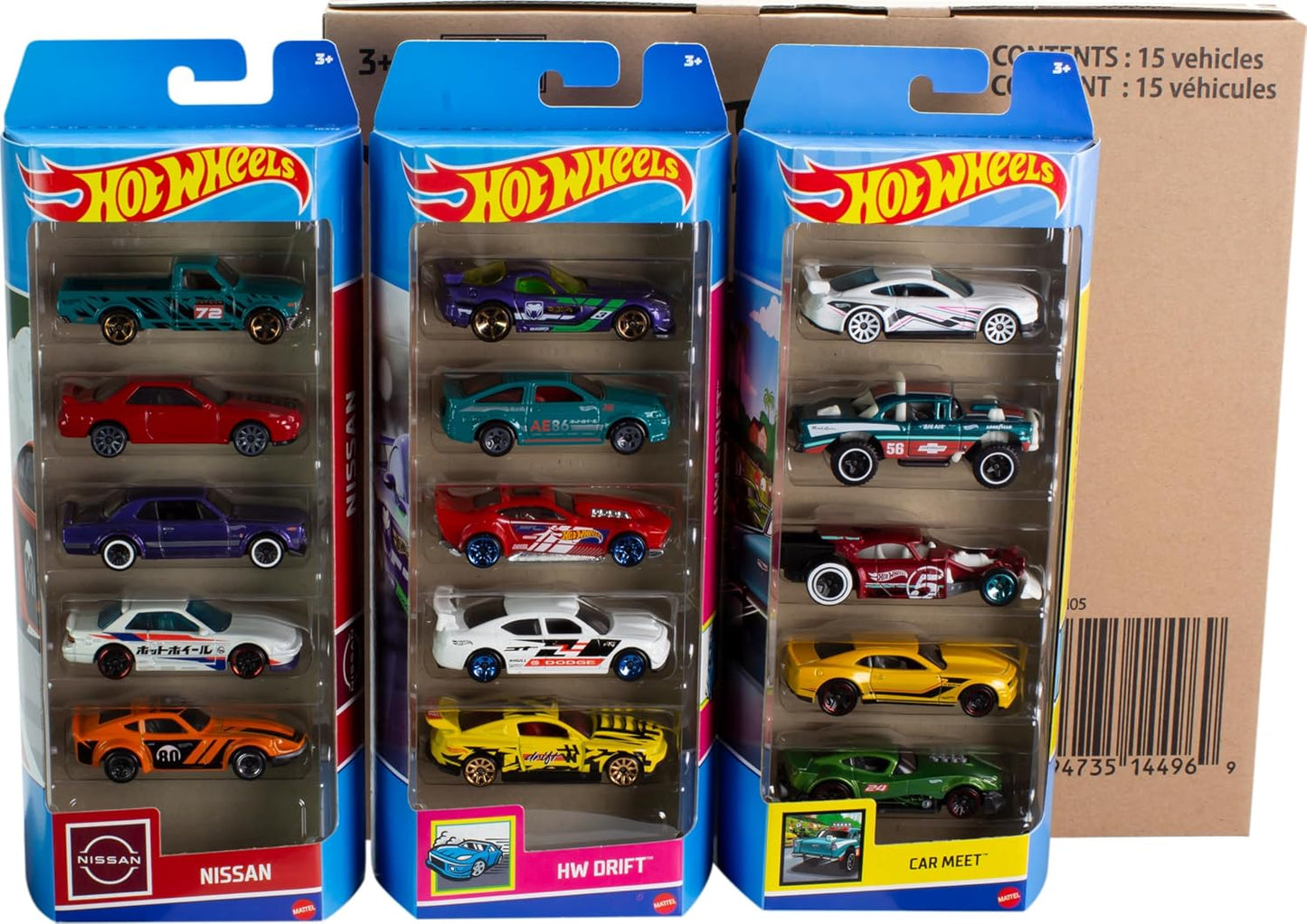 Hot Wheels Paquete de 5 autos o camiones de juguete, 3 juegos temát...