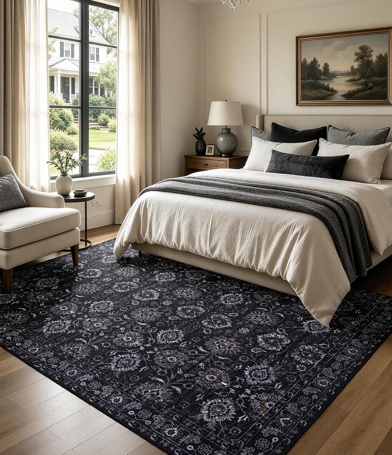 YIHOUSE Alfombra negra de 5 x 7 pies para sala de estar, lavable, a...