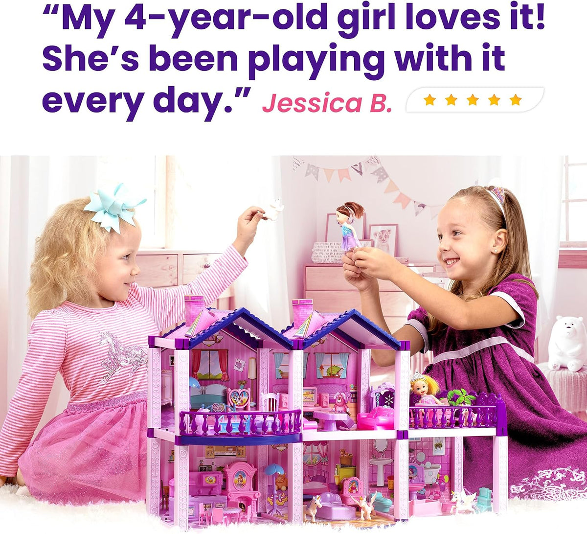 Casa de muñecas con 2 princesas, 4 unicornios, perro, muebles y acc...