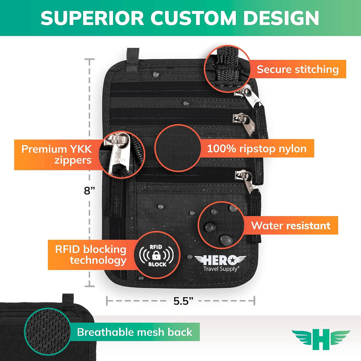 HERO - Cartera para el cuello - Soporte para pasaporte con bloqueo...