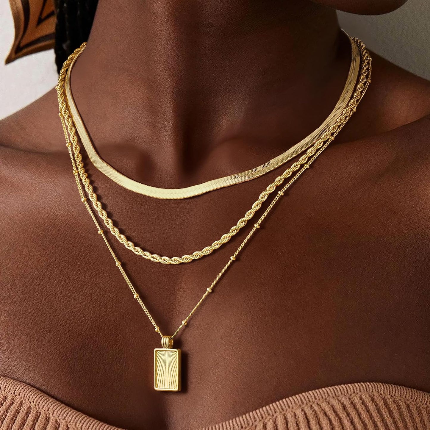 M MOOHAM Collares de oro en capas para mujer, chapado en oro de 14...