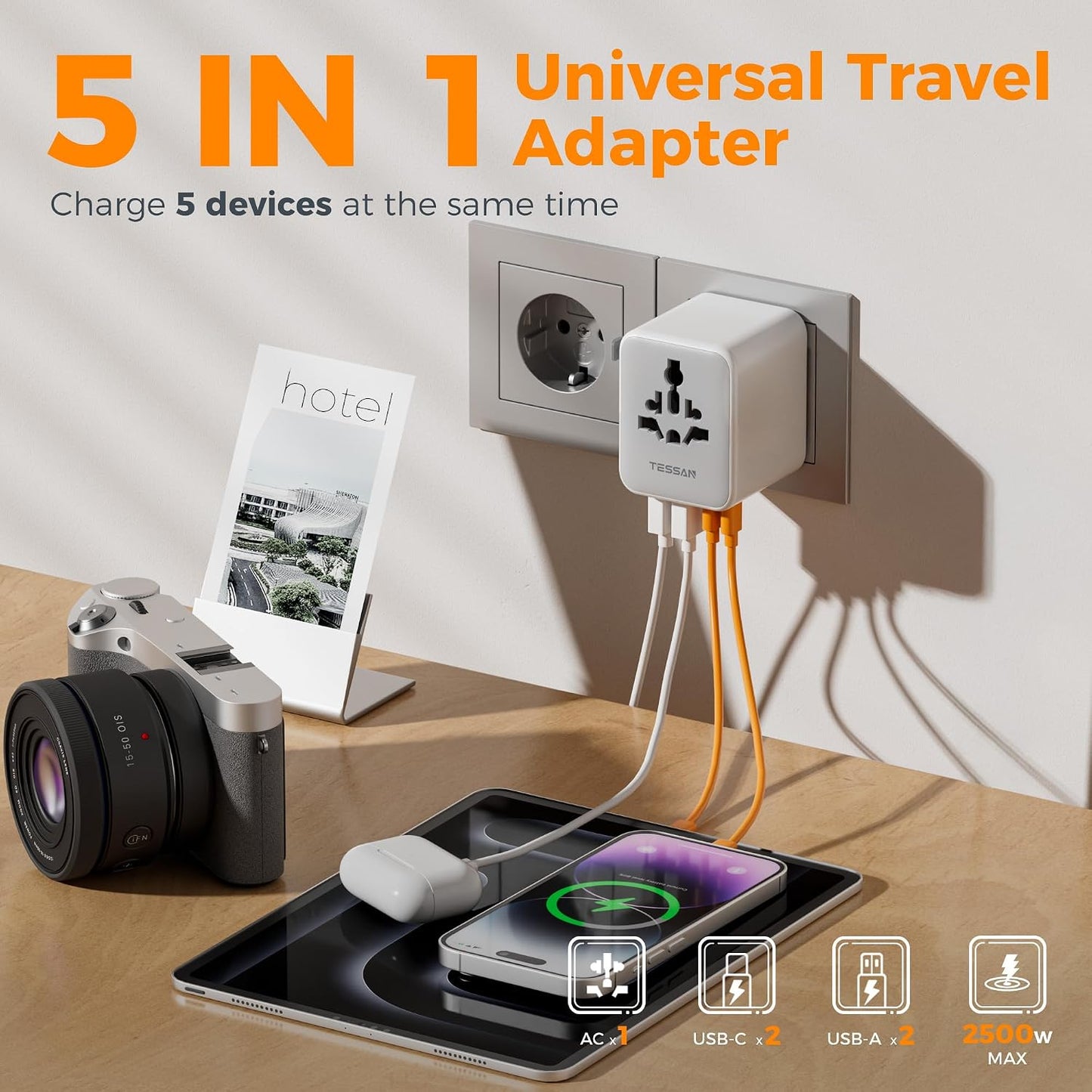 TESSAN Adaptador de viaje universal, adaptador de corriente interna...