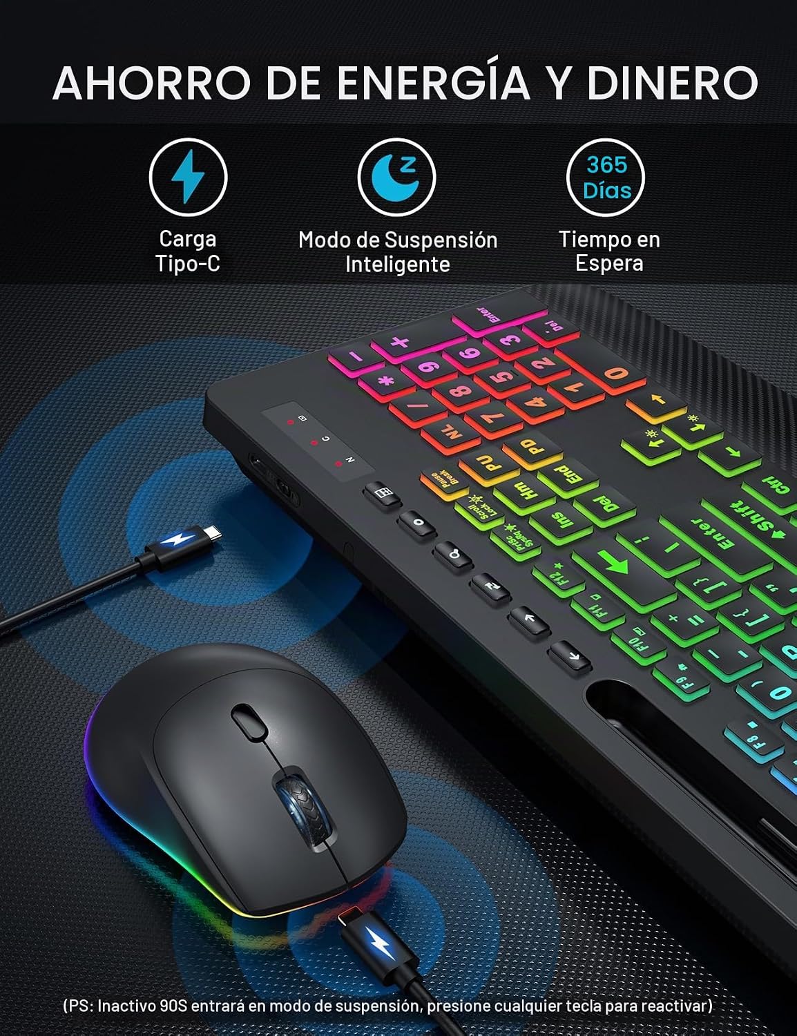 SABLUTE Combo de teclado y mouse inalámbricos, 9 efectos retroilumi...