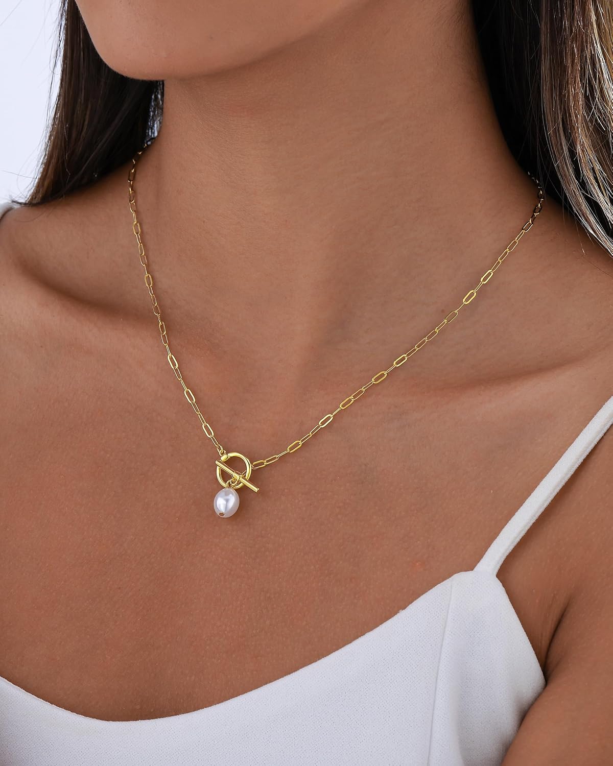 Collares de perlas para mujer, chapado en oro de 14 quilates, colla...