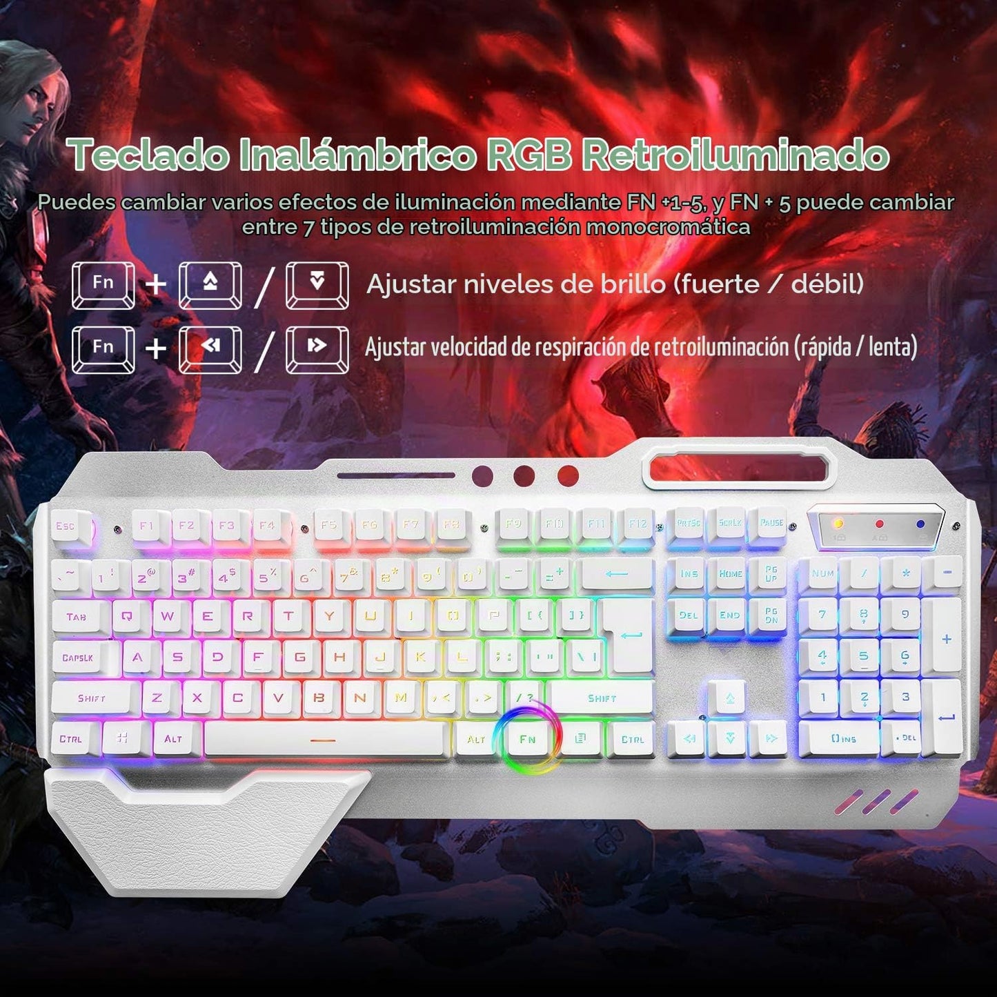 Teclado y ratón inalámbricos para juegos, teclado recargable con re...