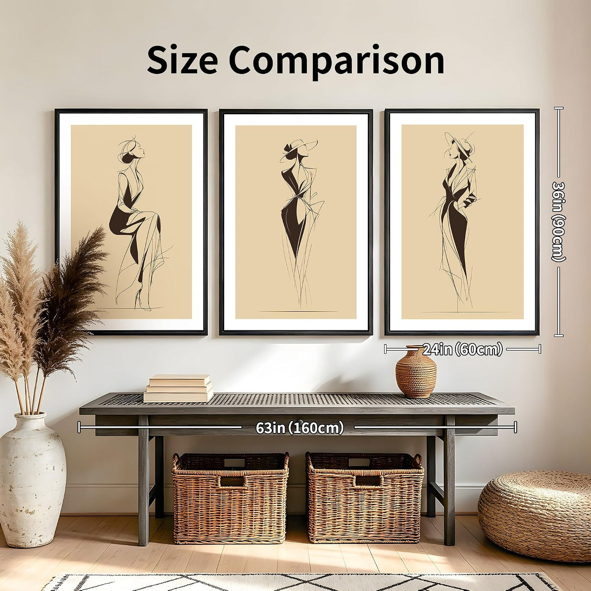 Arte de pared grande enmarcado de 3 piezas de moda de dibujo elegan...