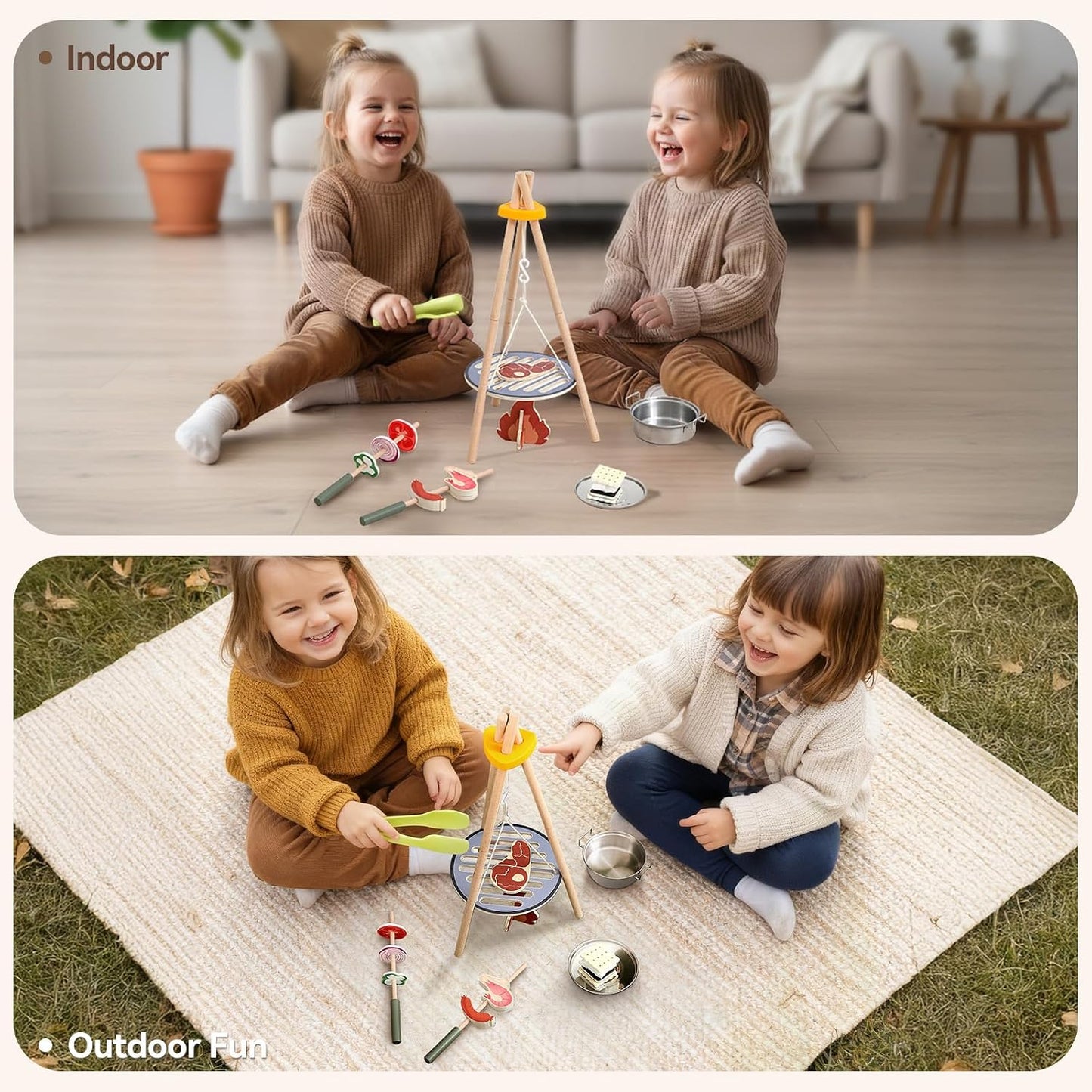 Parrilla de camping de madera para niños y juego de fiesta de té, j...