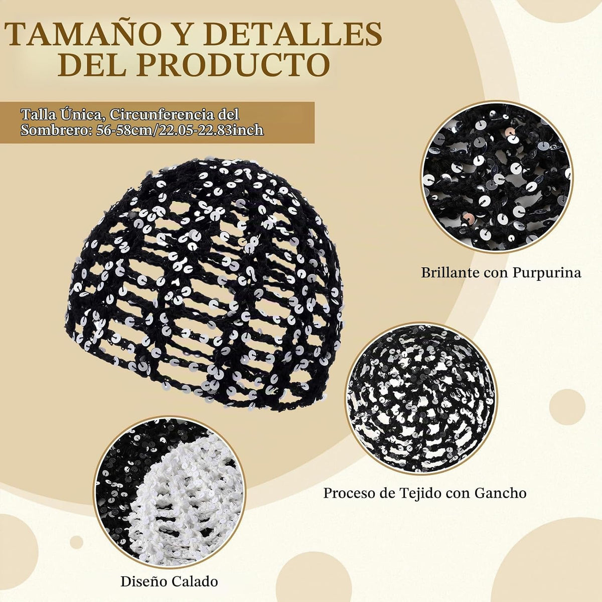 Cuffbow Gorro de ganchillo con lentejuelas brillantes, estilo bohem...