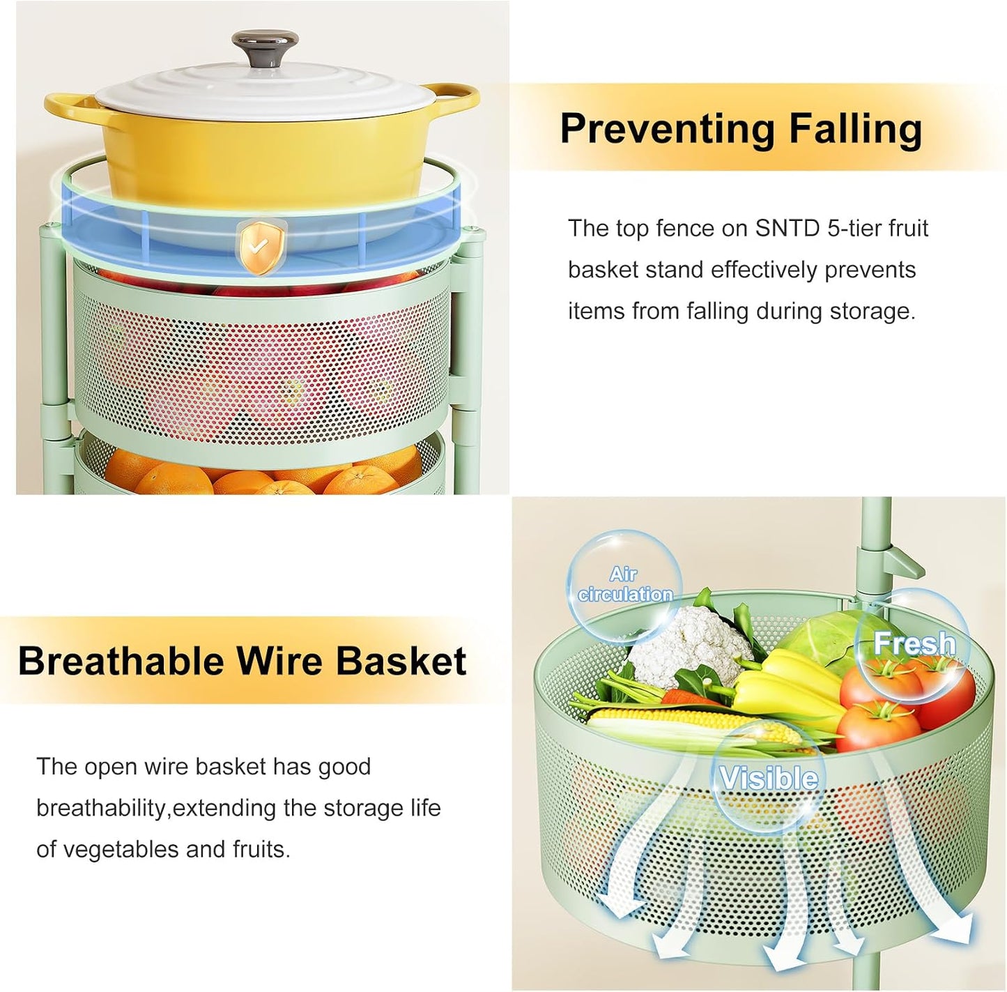SNTD Cesta de frutas y verduras para cocina con tapa superior de me...