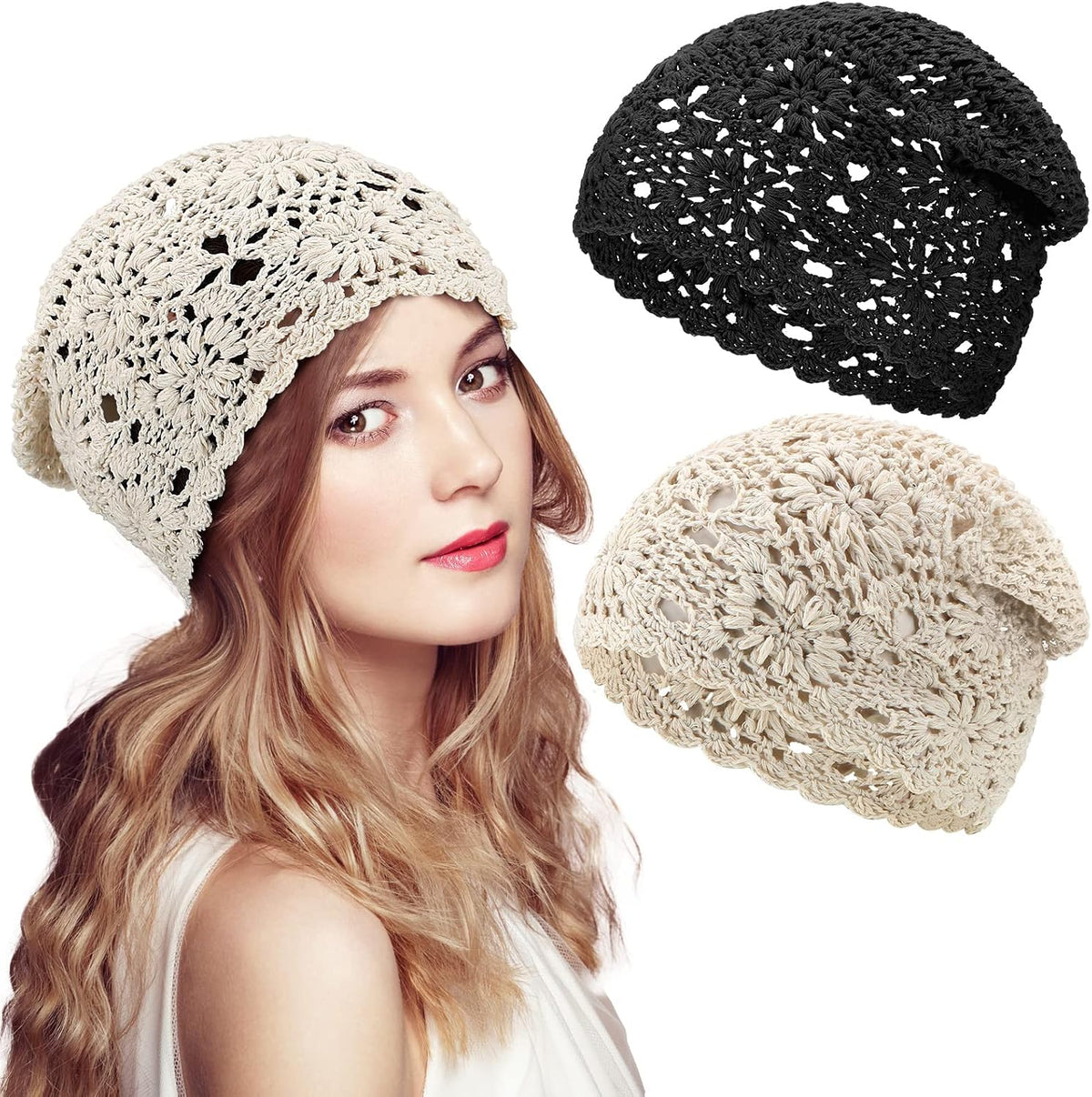 2 piezas de gorro holgado de ganchillo floral hecho a mano con cort...