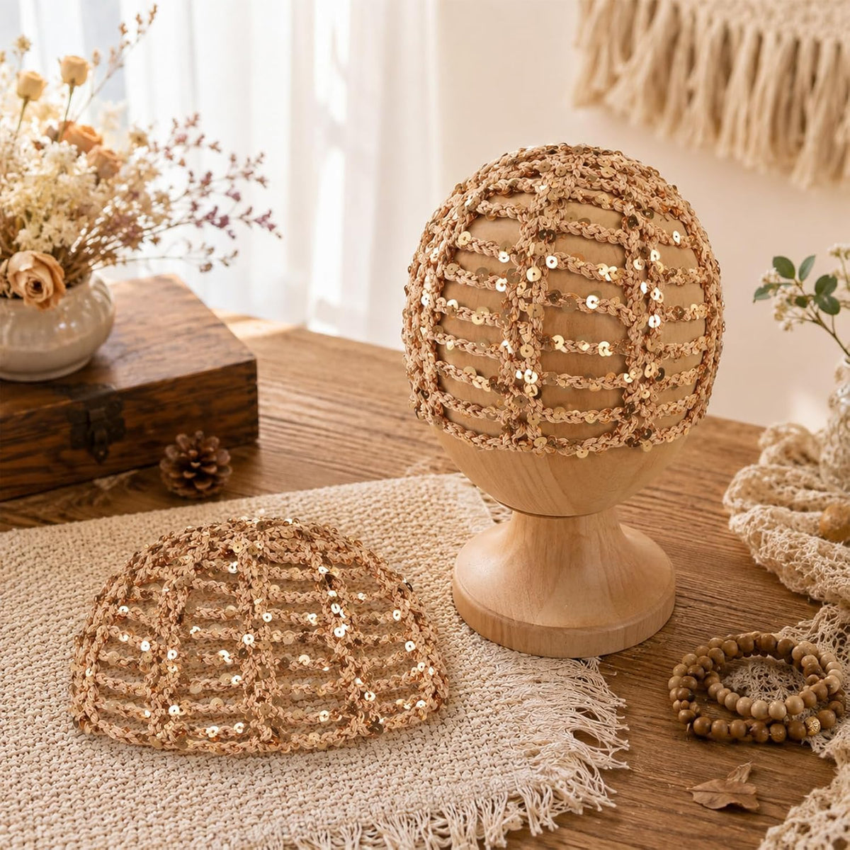 Gorro de punto de ganchillo con lentejuelas y purpurina de verano p...