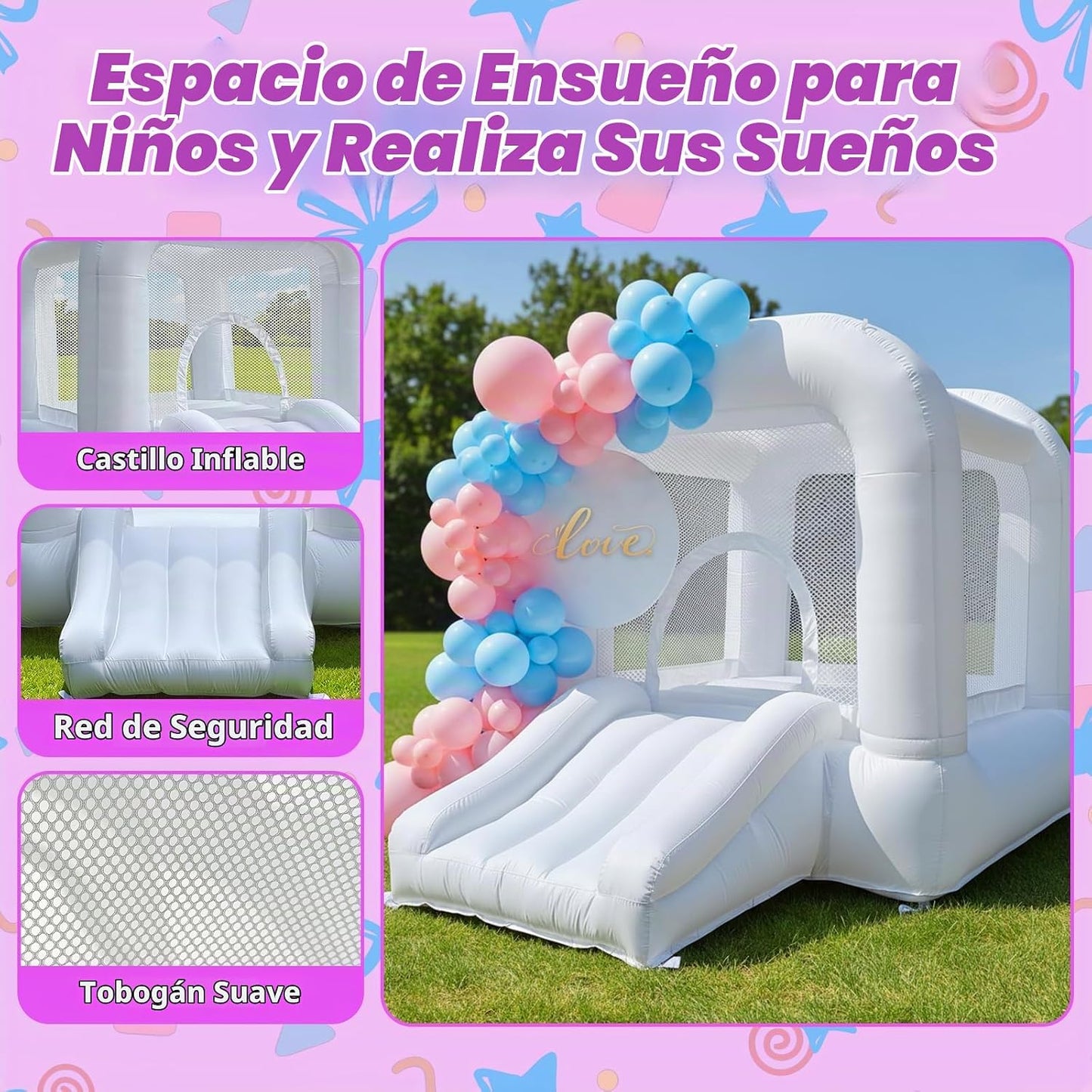 Casa hinchable blanca con tobogán, castillo hinchable para 3-6 niño...