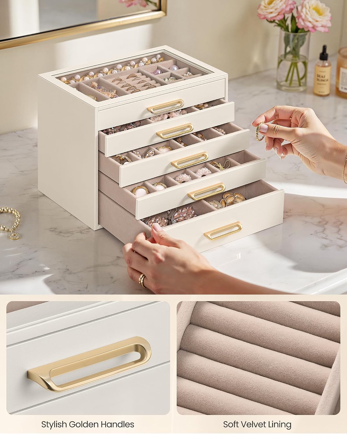 SONGMICS Joyero de 5 capas con ventana de cristal, organizador de a...