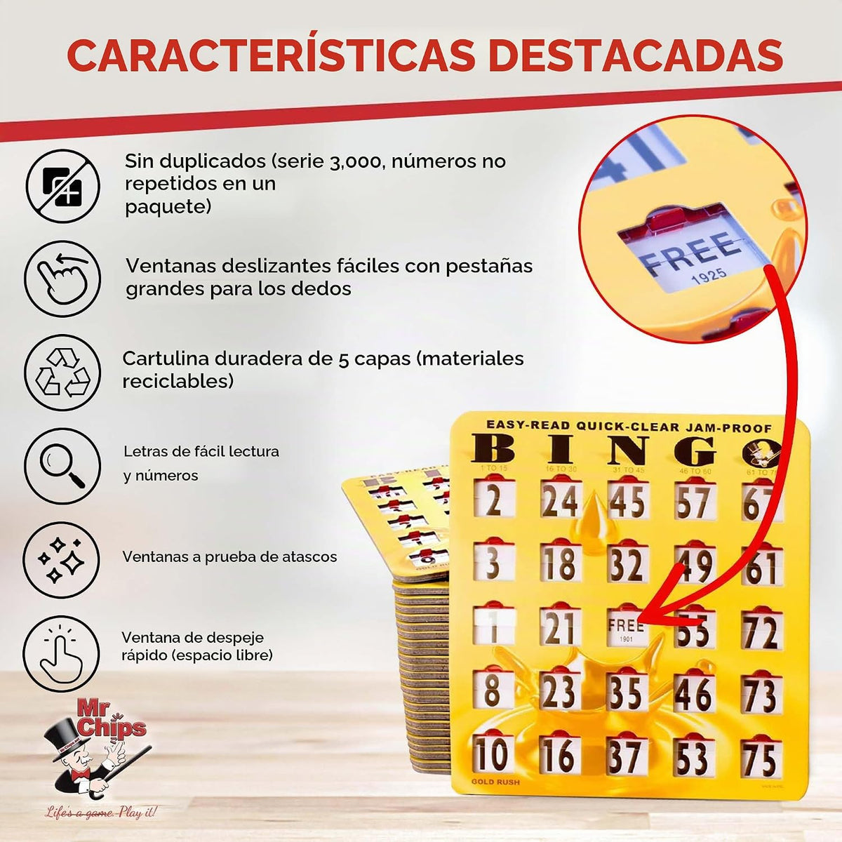 MR CHIPS Tarjetas de bingo a prueba de atascos con ventanas desliza...