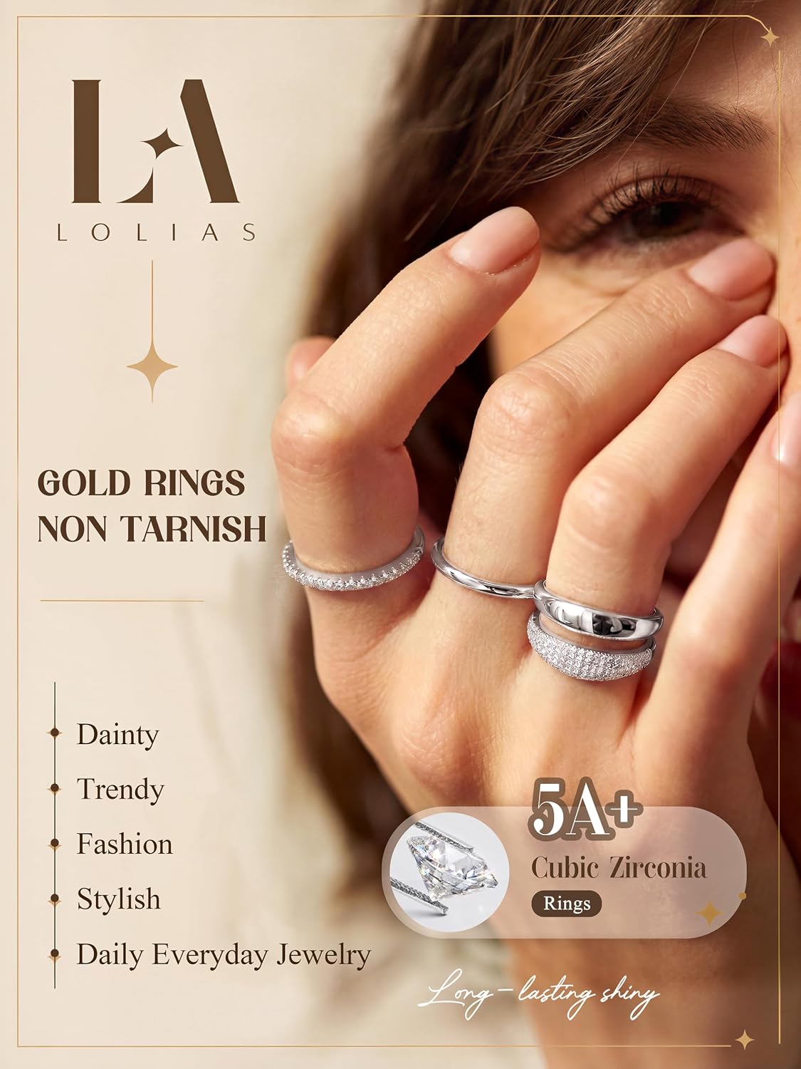 LOLIAS Anillos apilables chapados en oro de 14 quilates para mujer...