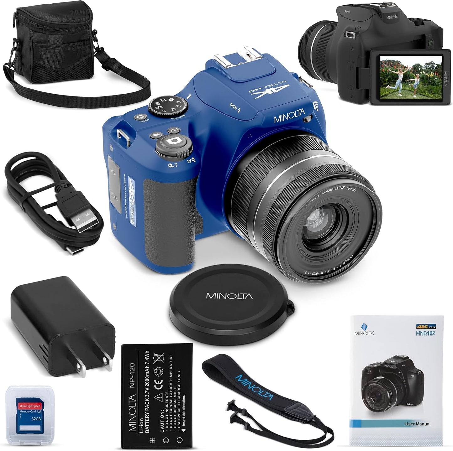 Minolta MNB10Z 64MP 4K Bridge Cámara, zoom óptico 10X, Flip LCD (az...