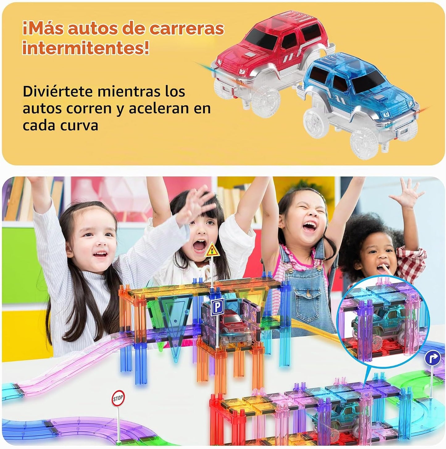 PicassoTiles Juego de 2 autos magnéticos de juguete altamente detal...