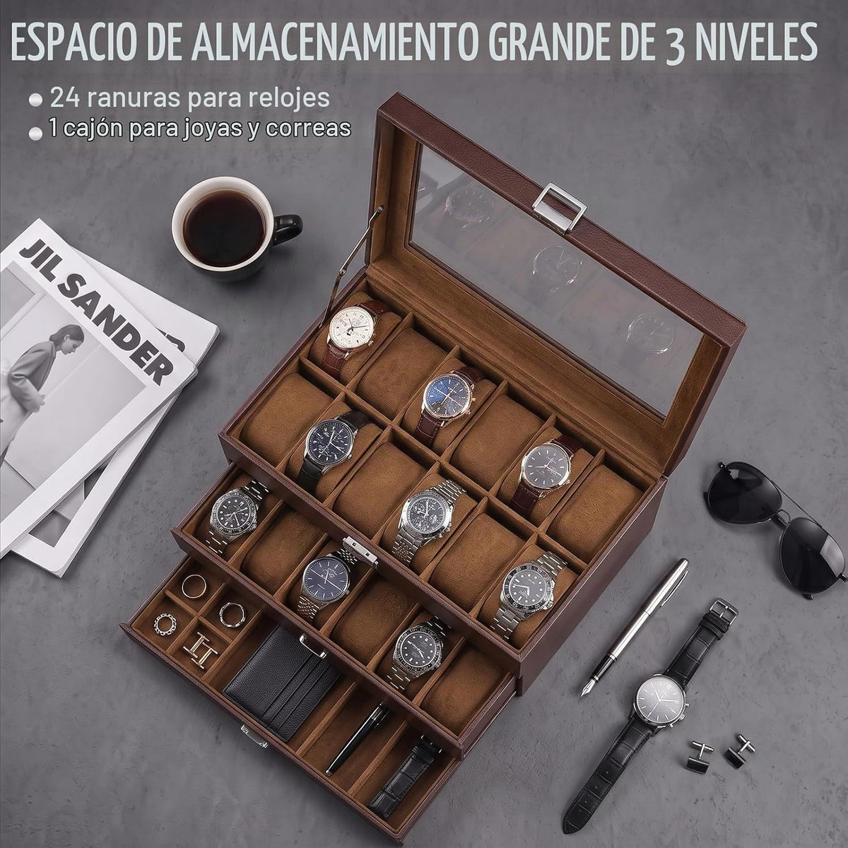 ProCase Caja de Reloj de 3 Capas con Tapa de Vidrio para Hombre, 24...
