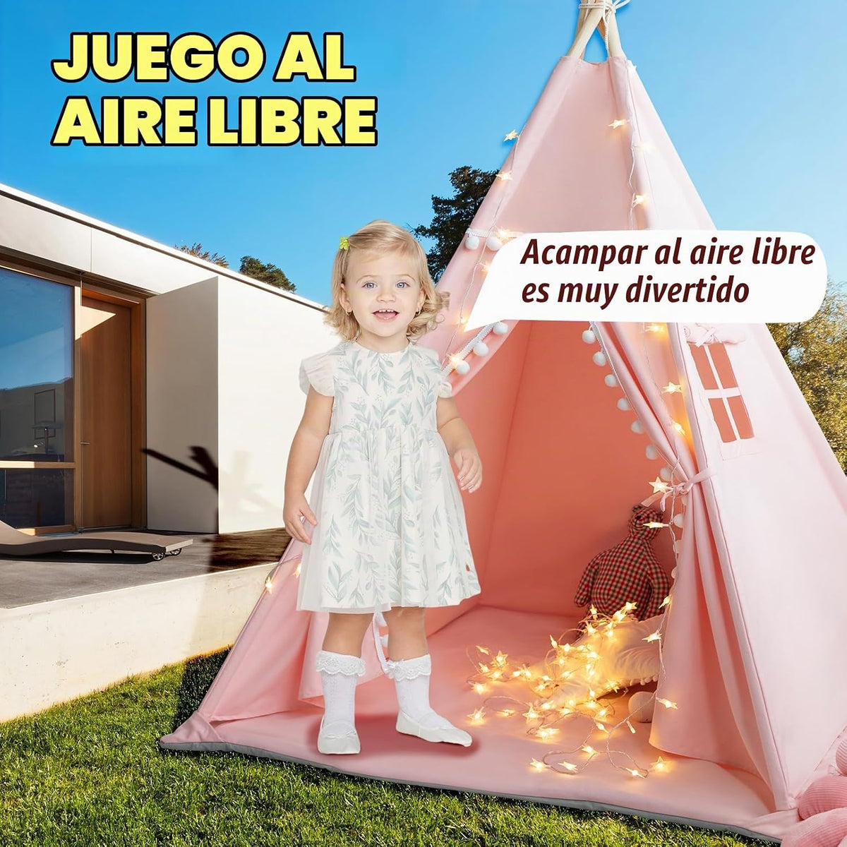 RONGFA Tienda de campaña tipi para niños con alfombra, luces de est...
