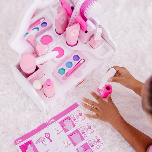 Melissa &amp; Doug Juego de madera para salón de belleza, tocador d...