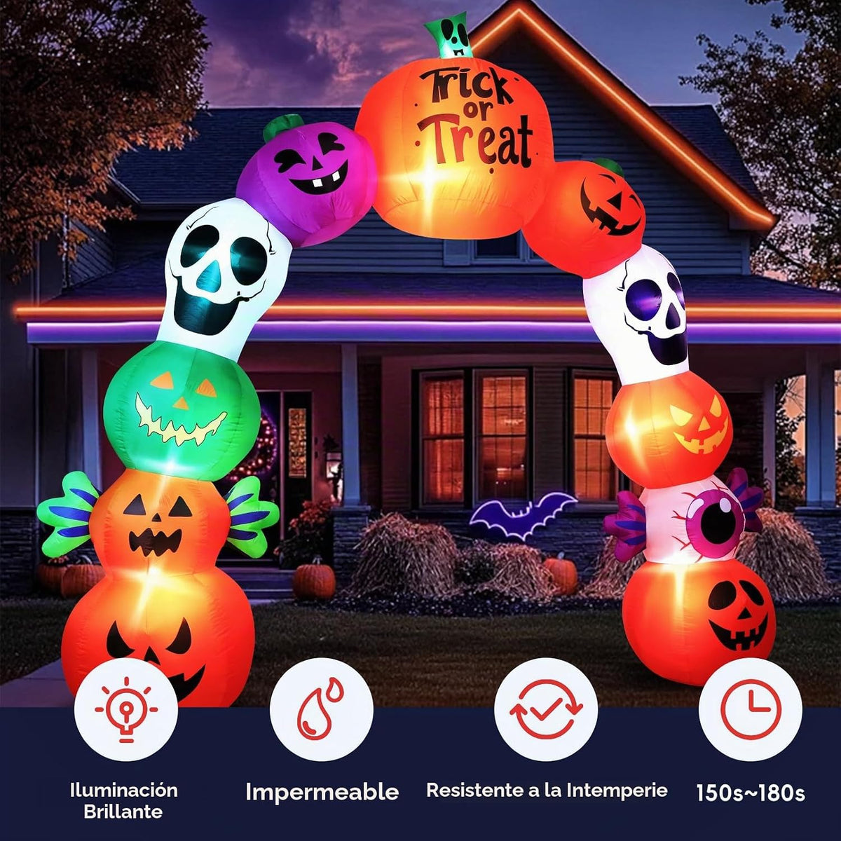 Arco inflable de Halloween de 10 pies, esqueleto de calabaza, decor...