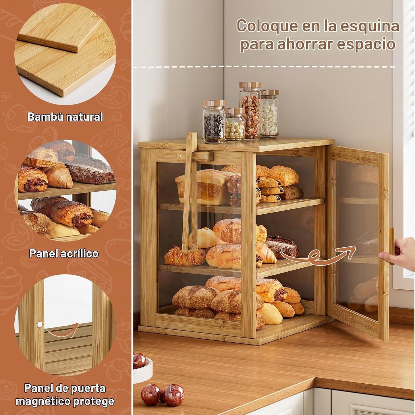 WOWLIVE Panera de bambú para encimera de cocina, contenedor grande...