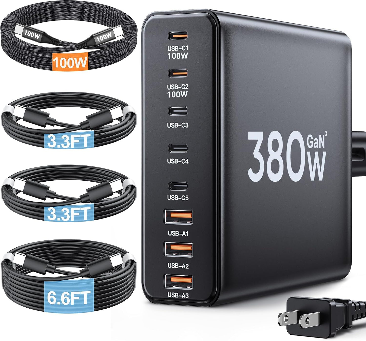 Bloque de cargador USB C de 380 W con 4 cables USB Estación de carg...