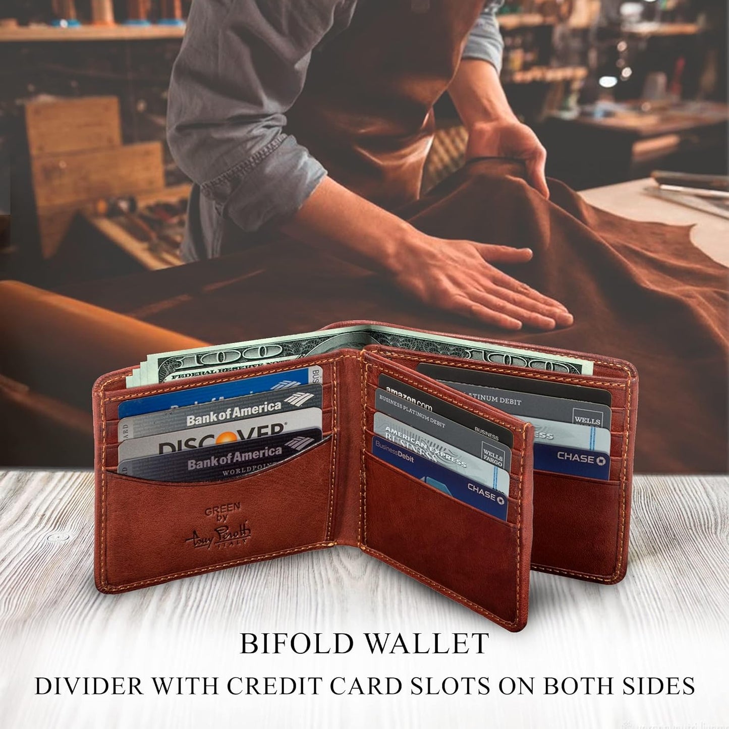 Tony Perotti Billetera plegable de cuero italiano para hombre con t...